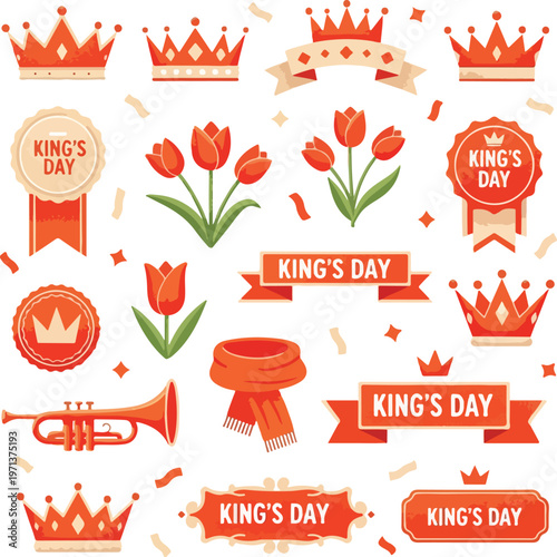 King's Day Dutch National Holiday Celebration Elements Set with Crowns, Orange Tulips, and Banners