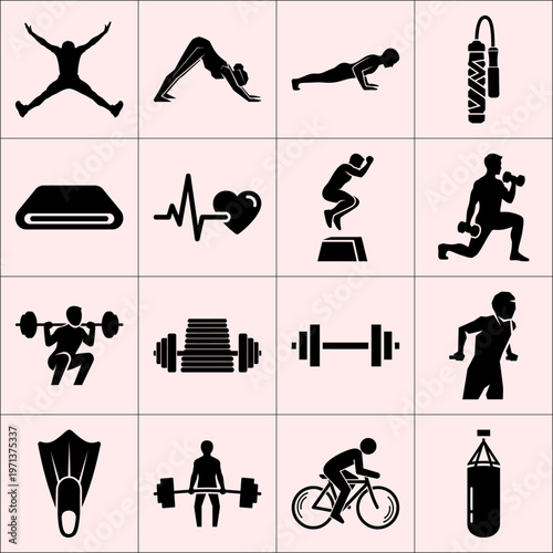 Sixteen black fitness silhouettes on pale pink including jumping yoga and cycling