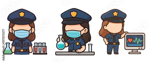 Female police officers wearing masks with lab equipment