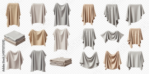 Set of realistic 3D rendered draped cloth pieces and folded fabric in various natural colors and styles.