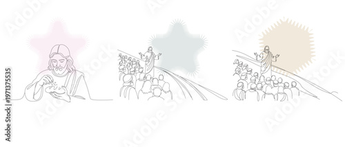 Line art illustration depicting the story of Jesus Christ, including his sermon and carrying of the cross, with a focus on faith and spirituality.
