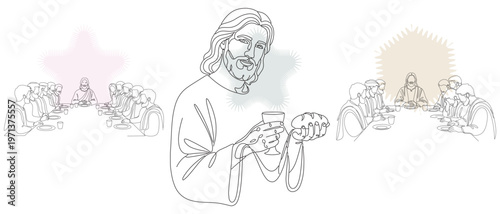 Line art illustration depicting the Last Supper, with Jesus offering bread and wine to his disciples, a sacred religious scene.