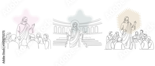 Line art illustration of Jesus preaching to a crowd, depicting faith, religion, and spiritual guidance in a minimalist style.