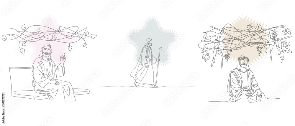 Fototapeta premium Line art illustrations depicting biblical scenes with figures of Jesus, showcasing faith, spirituality, and religious storytelling in a minimalist style.