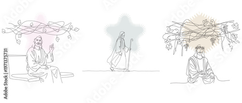 Line art illustrations depicting biblical scenes with figures of Jesus, showcasing faith, spirituality, and religious storytelling in a minimalist style.