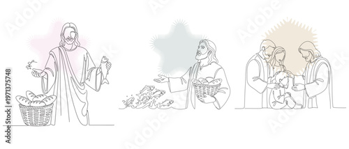 Line art illustrations depicting biblical scenes of Jesus with bread, fish, and disciples, conveying faith and spiritual themes.