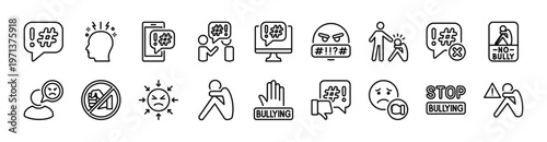 Global problem issue thin line icon set. Contains cyber bullying, social issues, crime, depression, racism, abuse, victim, stop, brainstorm, violence, conflict, anger, anxiety, discrimination - vector