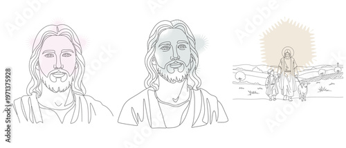 Line art illustrations depicting Jesus Christ in various scenes, including a portrait and a sermon, with a minimalist aesthetic.