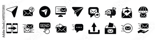 Send message icon vector set. Contains electronic mail, mailbox, newsletter, transfer, reply, share arrow, upload, letter box, continue, forward button, paper plane for social media  - illustration