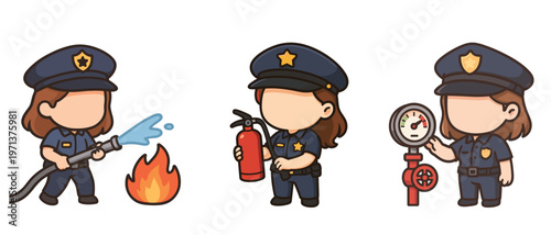 Female firefighter characters using fire safety equipment cartoon