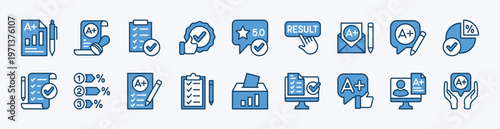Set of result icon. Contains checkmark, value, mark, grade, percentage, positive for approval, verify, feedback button, online certify, quality, certification, license, best reward - vector