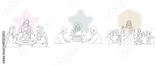 Line art illustrations depicting scenes from the life of Jesus Christ, including the Last Supper and gatherings with disciples.