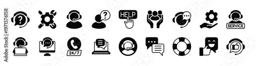 Customer service, support and help icon vector set. Contains assistance, operator, technical question, lifebuoy, maintenance, repair, care, call, response, satisfaction, online - illustration