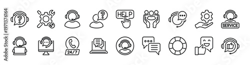 Customer service, support and help thin line icon set. Contains assistance, operator, technical question, lifebuoy, maintenance, repair, care, call, response, satisfaction, online - illustration