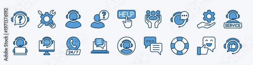 Set of customer service, support and help icon. Contains assistance, operator, technical question, lifebuoy, maintenance, repair, care, call, response, satisfaction, online - vector illustration