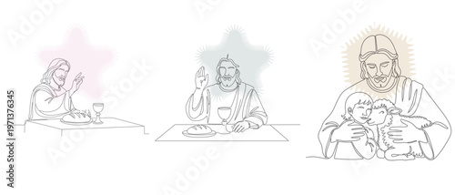 Line art illustrations depicting scenes from the life of Jesus Christ, including the Last Supper and holding children.