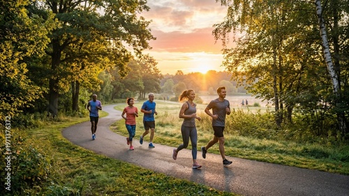 Diverse group of people running together on a scenic park path at sunrise.