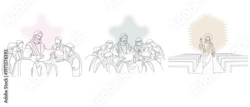 Line art illustrations depicting scenes from the life of Jesus Christ, including the Last Supper and sermon scenes.