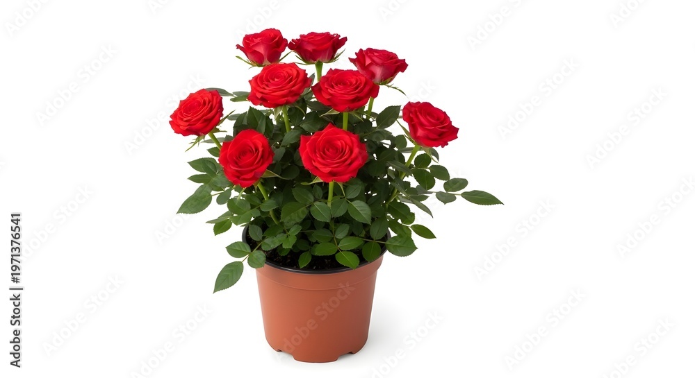 Obraz premium Beautiful vibrant red roses blooming in a brown terracotta pot isolated on a white background