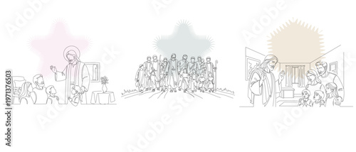 Line art illustrations depicting scenes from the life of Jesus Christ, including teaching, healing, and gathering with followers.