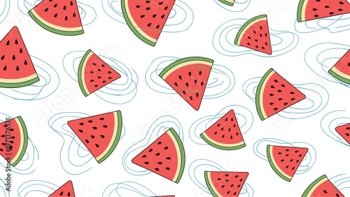 Summer themed seamless pattern with bright watermelon slices and blue swirl accents on a crisp white background.