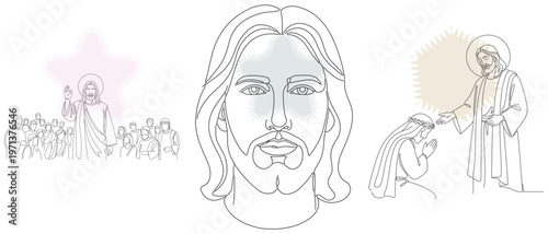 Line art illustrations depicting scenes from the life of Jesus Christ, including miracles and interactions with followers.