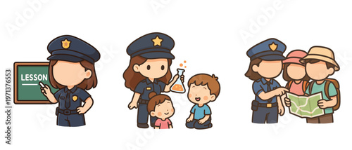 Policewoman teaching and guiding children with map and experiment