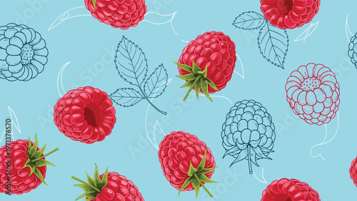 Delicious pattern of ripe red raspberries and line art leaves on a refreshing light blue background for food themes.
