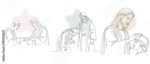 Line art illustrations depicting scenes of healing and compassion, featuring figures offering comfort and aid to those in need, evoking empathy.