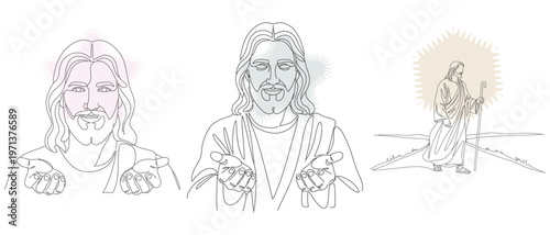Line art illustrations of Jesus Christ, depicting faith, blessing, and divine presence, ideal for religious art and spiritual designs.