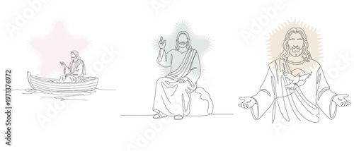 Minimalist Line Art Depictions of Jesus Christ: Boat, Blessing, and Welcoming Gestures, Religious Illustration