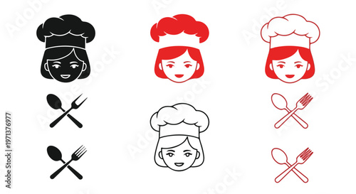 Set of chef icons featuring female cooks in different styles with crossed cutlery, representing culinary arts