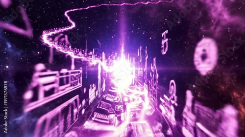 A vibrant, cosmic scene with purple and pink lightning-like energy emanating from a central point, surrounded by a dark, starry background