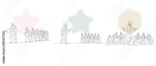 Sketch of Jesus preaching to a crowd, three stages of a sermon illustration, religious art, faith, and spiritual guidance.