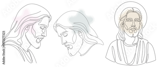 Minimalist Line Art Portraits of Jesus Christ - Three Variations in Continuous Drawing Style, Religious Iconography