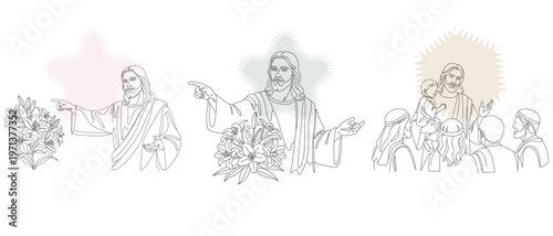 Vintage Line Art Illustrations of Jesus Christ with Lilies and Disciples, Religious Scenes for Faith-Based Designs and Historical Depictions