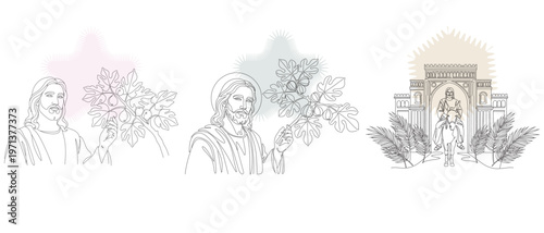 Vintage style illustration depicting scenes from the biblical story of Jesus' triumphal entry into Jerusalem with palm branches.