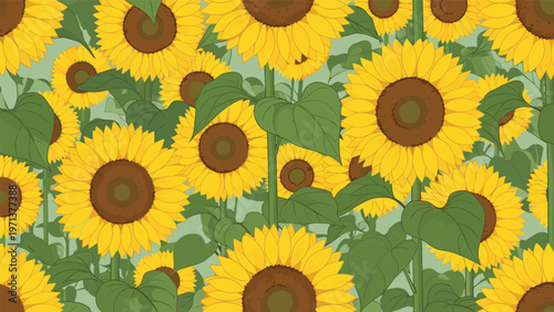 Bright and sunny seamless pattern depicting a field of blooming yellow sunflowers with green leaves and stems.