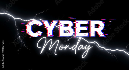 Neon Cyber Monday Sale Banner with Glowing Lightning Effect on Dark Background