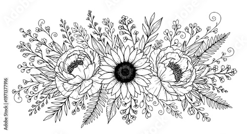 Mixed Scale Floral Composition Vector with Large and Small Flowers