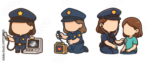 Policewoman using medical and emergency equipment set
