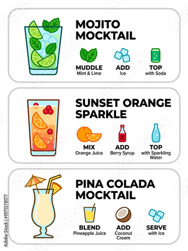 Delicious and refreshing drink recipes, Mojito, Sunset Orange Sparkle and Pina Colada