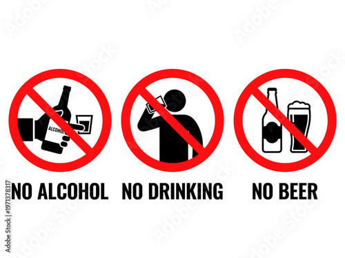 Prohibition signs against alcohol and drinking with three different images, each conveying a specific message. These signs, with their clear and concise messaging, communicate the rules effectively