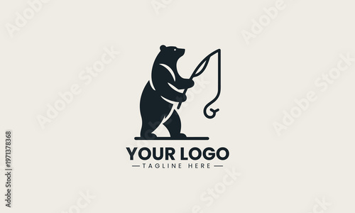 Black bear holding fishing rod is presented as bold monochrome vector logo on clean white background for outdoor adventure and fishing branding use