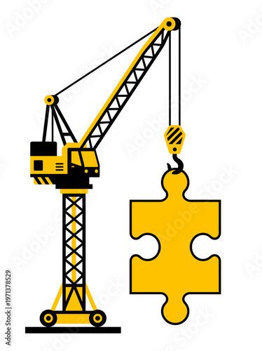 A crane lifting a puzzle piece, symbolizing construction or teamwork