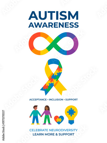 Autism Awareness concept design featuring the rainbow infinity symbol, puzzle piece ribbon, and supporting imagery. This artwork aims to promote acceptance, inclusion.