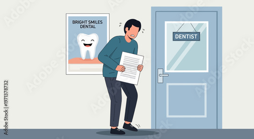 Nervous patient standing in front of a dentist office door