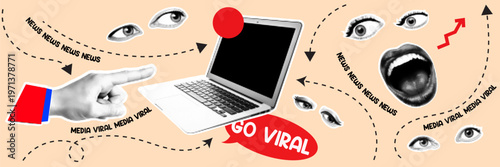 Halftone pop art dot laptop screen hand pointing eye mouth speech news media viral social network communication concept vector illustration