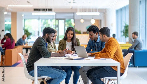 Diverse Group of Students Collaborating on Project in Modern University Library.