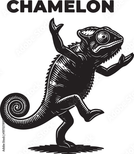 black drawing of a chameleon standing on hind legs